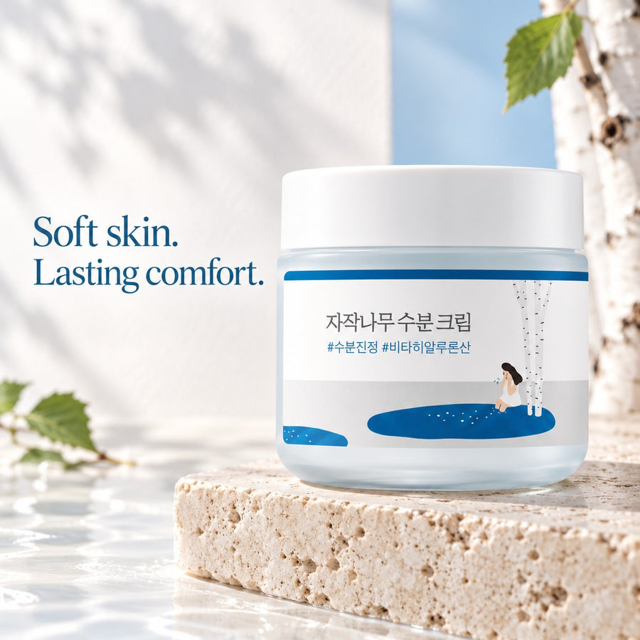 Kit Hidratación Round Lab: crema Birch Juice Moisturizing Cream sobre una piedra con ramas de abedul