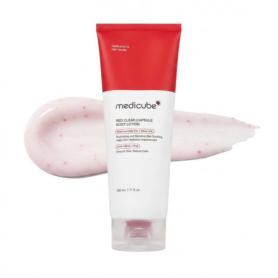 Loción Corporal medicube Red Clear Capsule 230 ml, envase frontal con muestra de textura