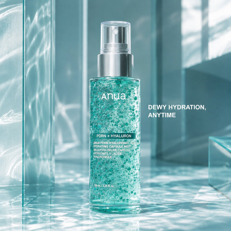 Kit Hidratante Anua PDRN: bruma Hydrating Capsule Mist sobre una superficie de agua