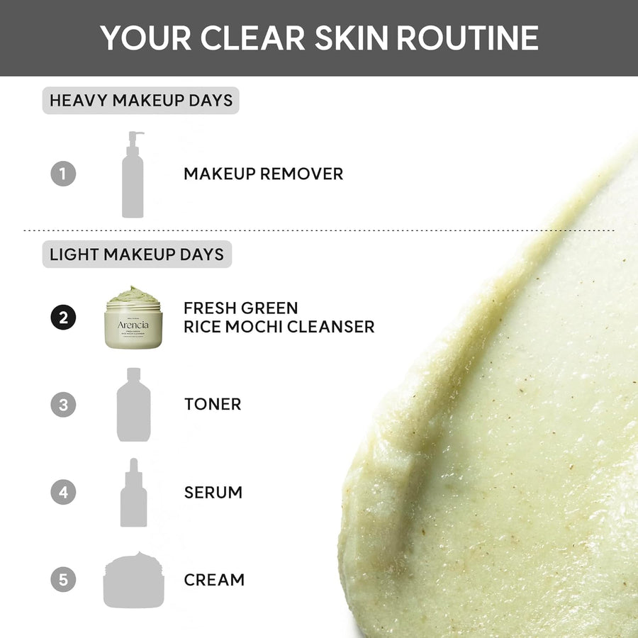 Fresh Green Rice Mochi Cleanser Arencia composición editorial de skincare.