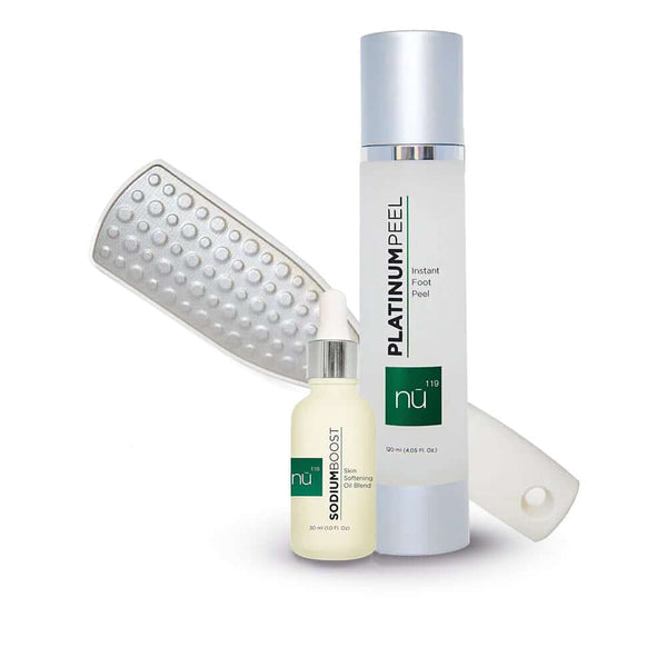 Kit de cuidado para pies nū119 con spray Platinum Peel, lima metálica y bálsamo Sodium Boost.