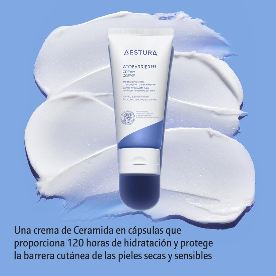 Crema con Ceramida Hidratante 120 Horas Aestura aplicación sobre el rostro.