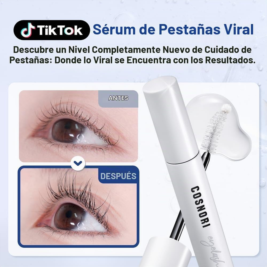 Suero de Pestañas Activo Largo COSNORI doble aplicador con cepillo y punta de bola.