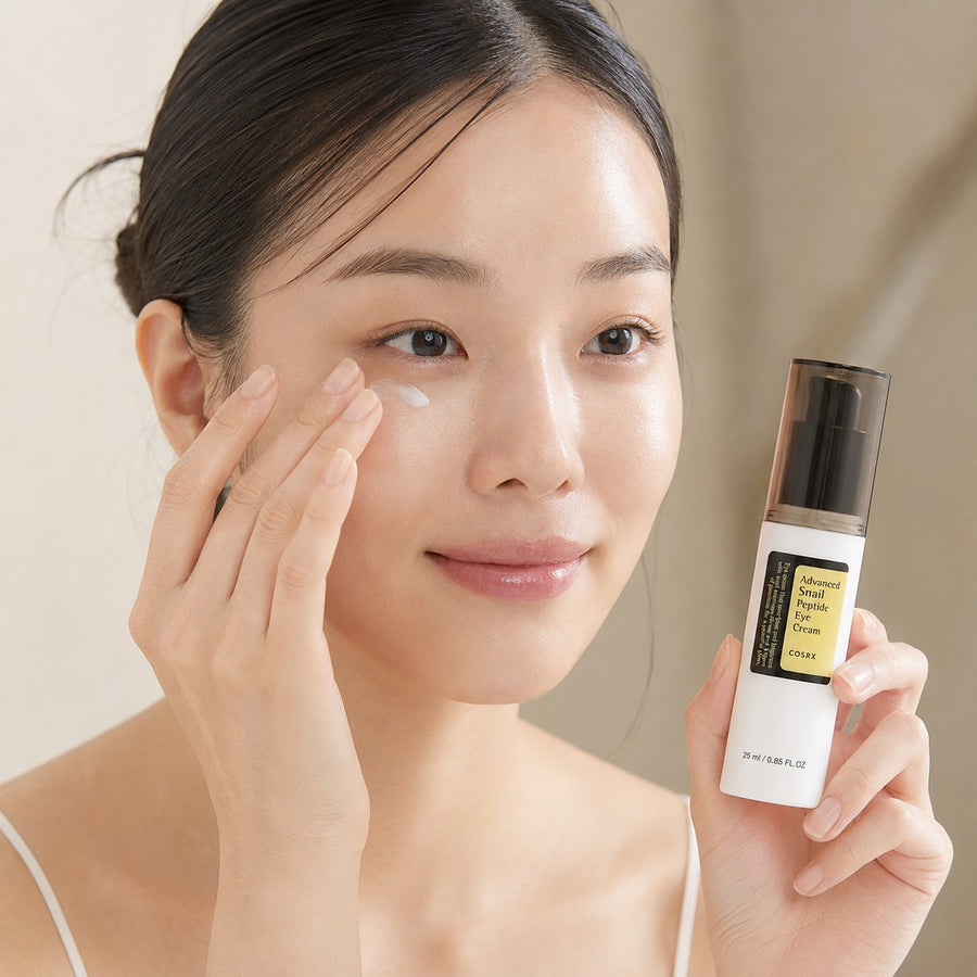 Mujer aplicando el contorno de ojos Advanced Snail Peptide Eye Cream del Kit Cuidado Diario COSRX