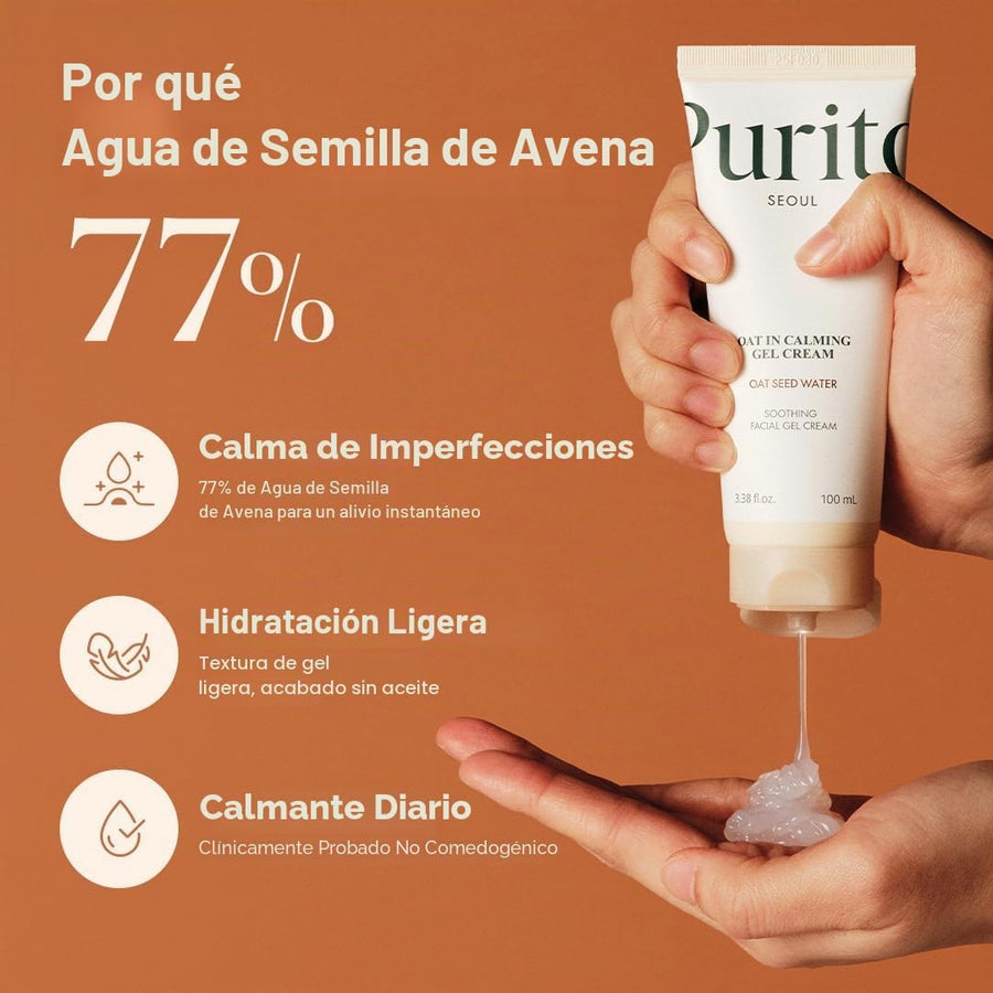 Gel Crema Calmante de Avena Purito aplicación sobre el rostro.