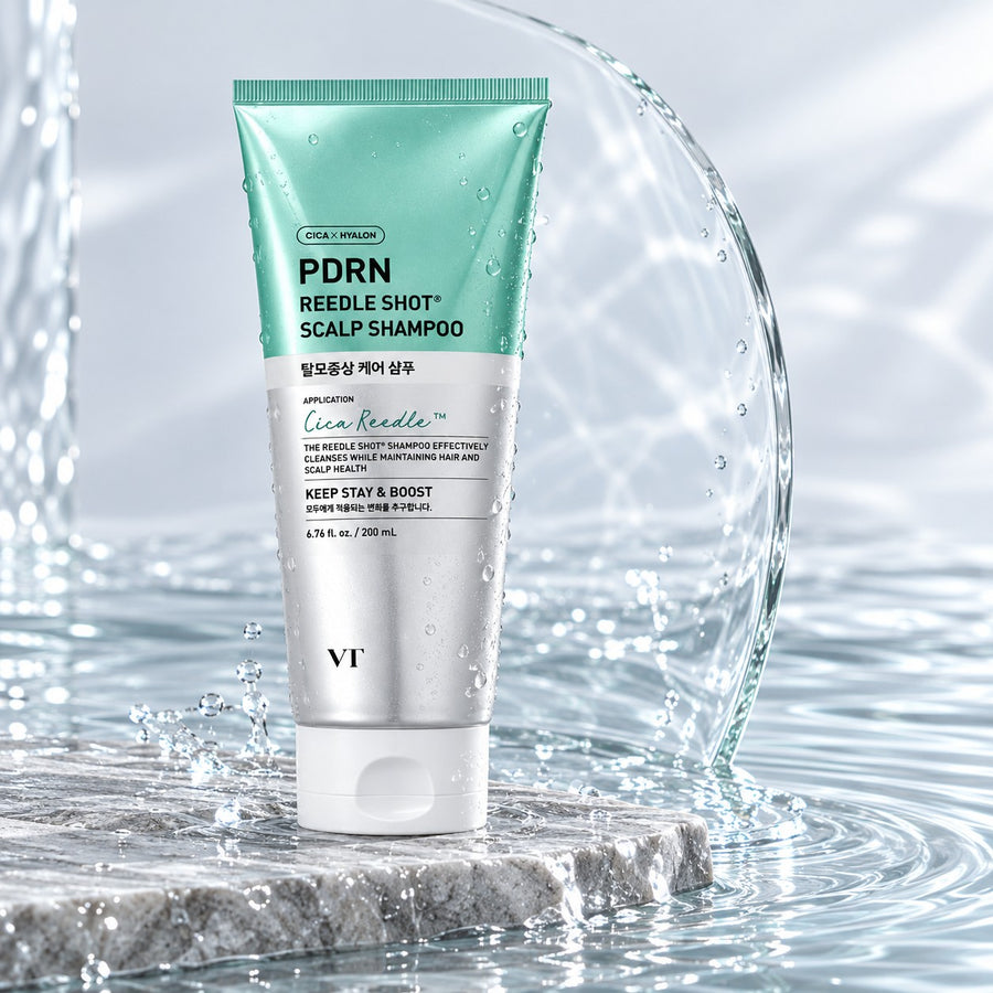 Champú VT PDRN Reedle Shot sobre piedra y cristal