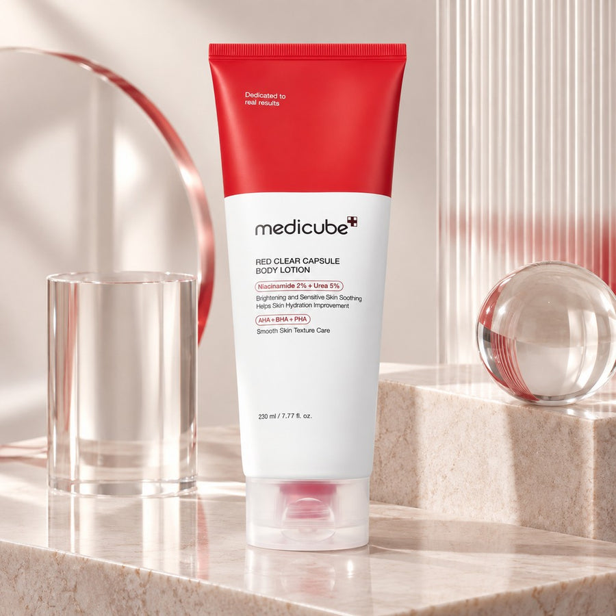 Loción Corporal medicube Red Clear Capsule 230 ml, envase con reflejos de agua y cristal