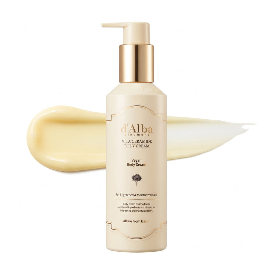 Crema Corporal d'Alba Vegan Vita Ceramide 270 ml, envase frontal con muestra de textura