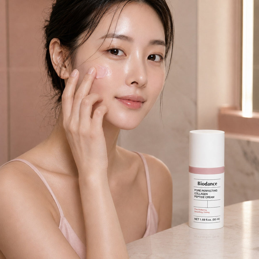 Mujer aplicando la crema Pore Perfecting Collagen Peptide Cream del Kit Colágeno Biodance