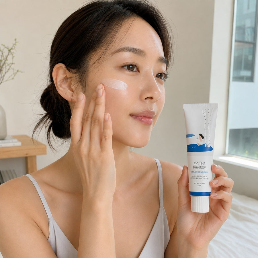 Mujer aplicando el protector solar Birch Juice Moisturizing Sun Cream SPF50+ del Kit Hidratación Round Lab