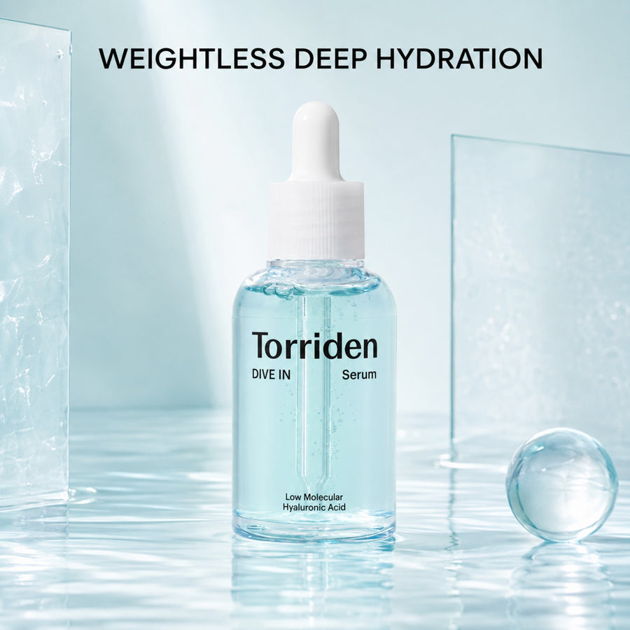 Kit Hidratación Torriden DIVE IN: sérum Low Molecular Hyaluronic Acid Serum sobre agua y cristal