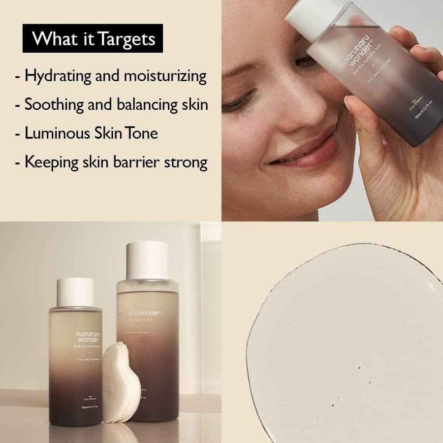 Wonder Black Rice Hyaluronic Toner Haruharu con algodón desmaquillante.