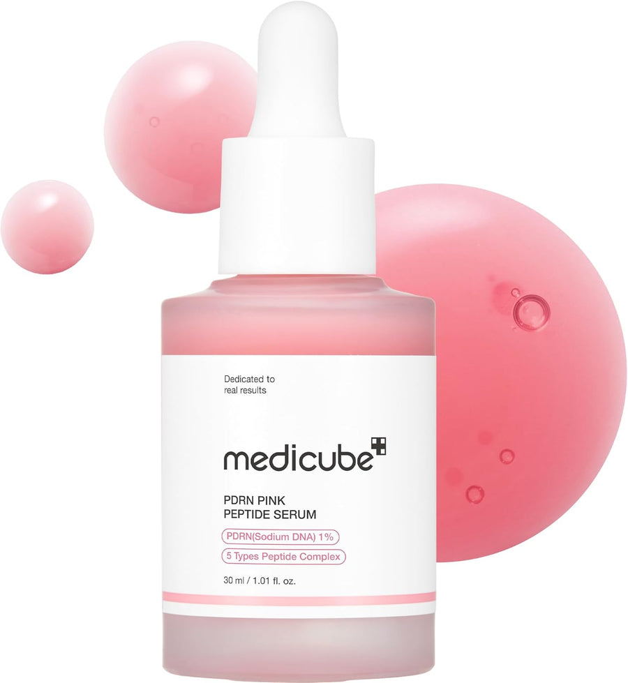 Medicube PDRN Pink Peptide Serum with Salmon DNA vista frontal del frasco.