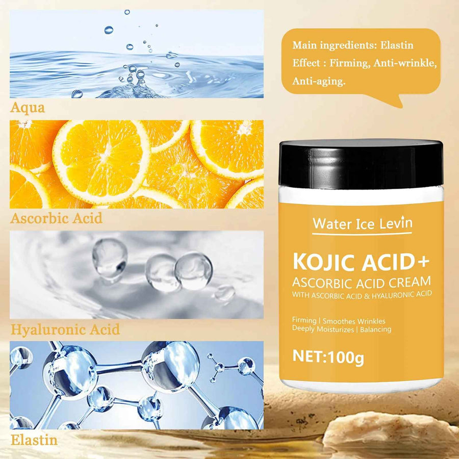 Crema de ácido kójico con colágeno textura cremosa sobre una superficie.