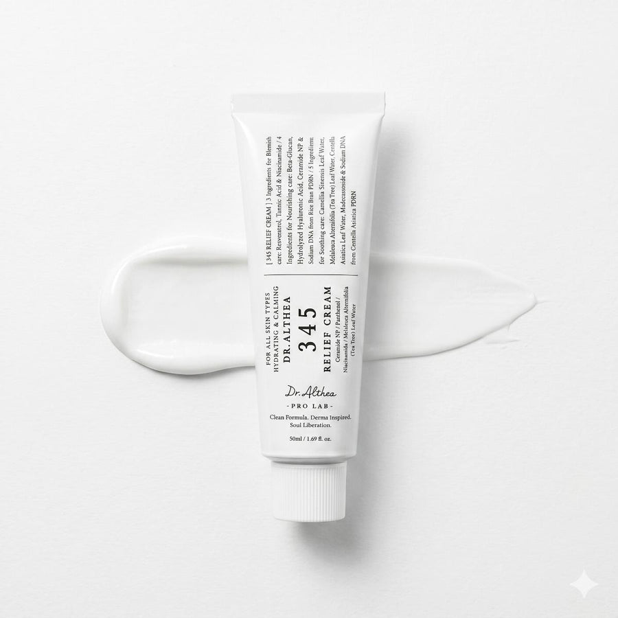 Kit Confort Dr.Althea: tubo de crema 345 Relief Cream de 50 ml sobre su textura