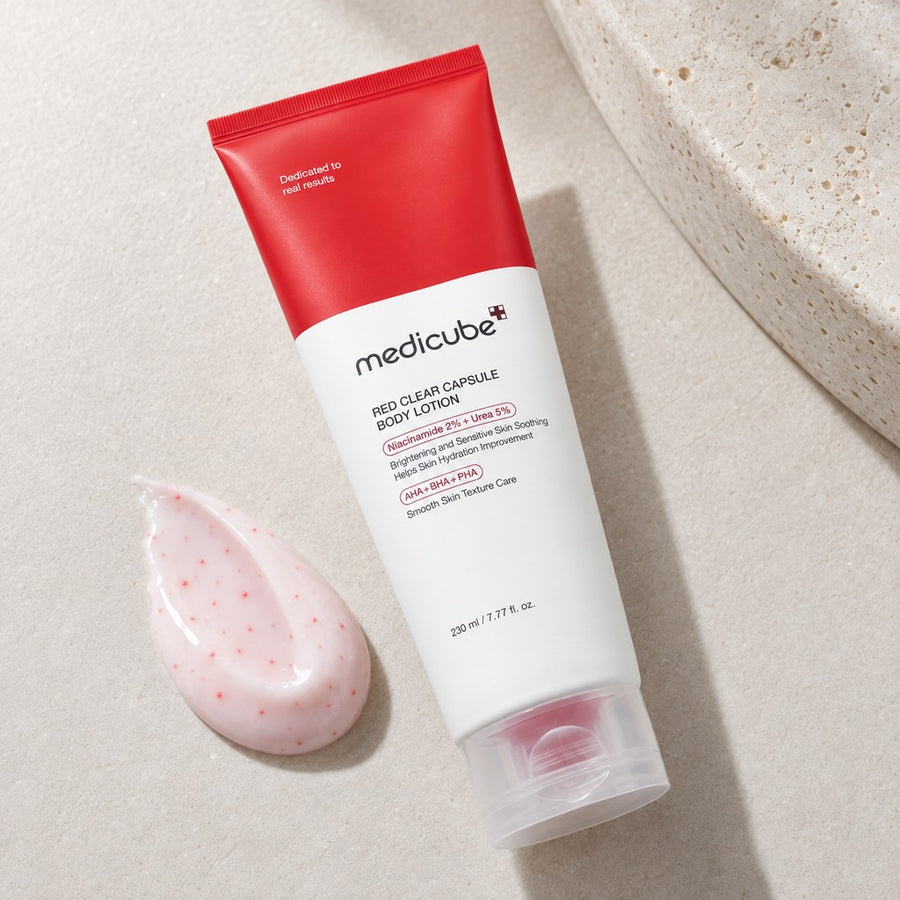 Loción Corporal medicube Red Clear Capsule 230 ml, envase y textura del producto