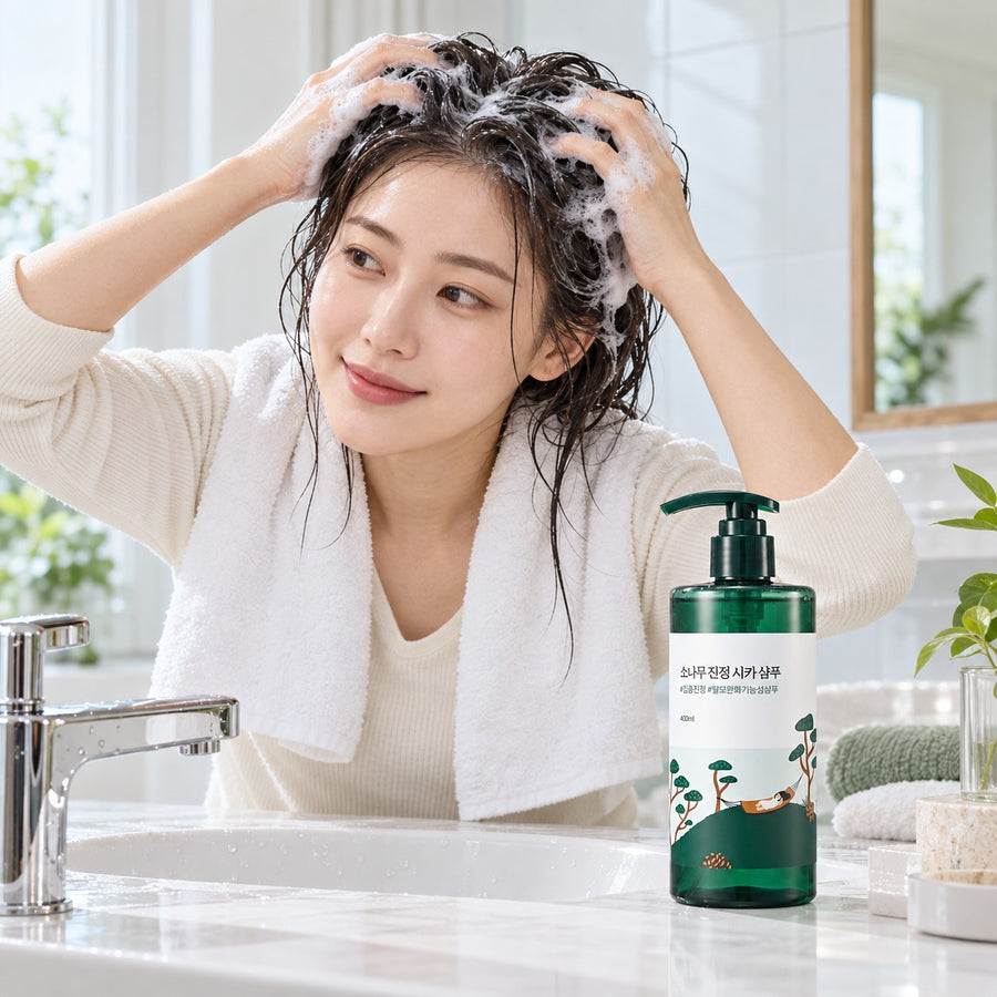 Champú Round Lab Pino Cica uso sobre el cabello