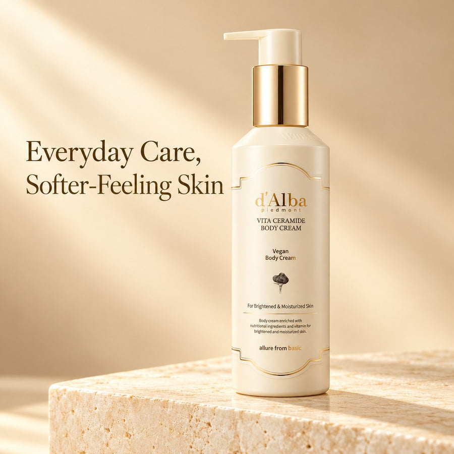 Crema Corporal d'Alba Vegan Vita Ceramide 270 ml, envase sobre una base de piedra