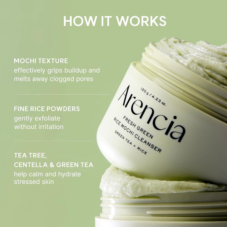 Fresh Green Rice Mochi Cleanser Arencia espuma cremosa al aclarar.
