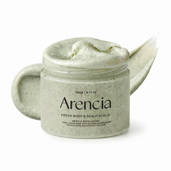 Exfoliante Arencia Fresh Geranio y Onagra 260 g, envase frontal con muestra de textura