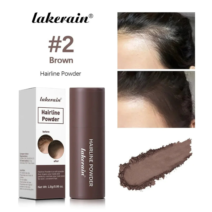 Polvo Corrector de Nacimiento de Cabello Lakerain caja de presentación de la marca.