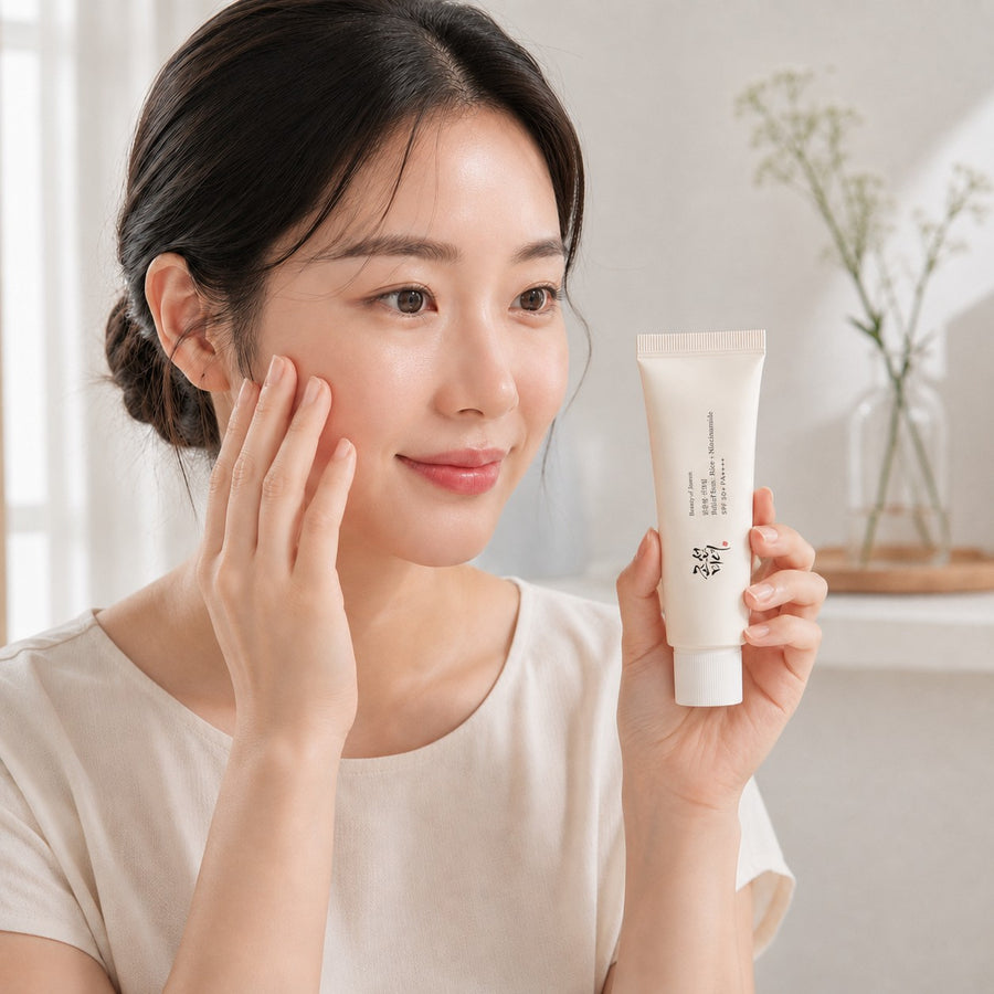 Mujer aplicando el protector solar Relief Sun SPF50+ del Kit Diario Beauty of Joseon