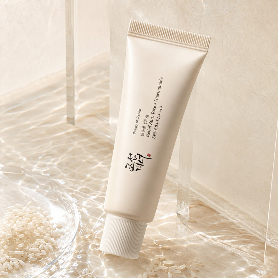 Kit Diario Beauty of Joseon: protector solar Relief Sun sobre agua con granos de arroz