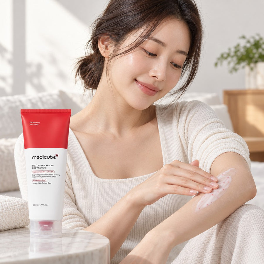 Loción Corporal medicube Red Clear Capsule 230 ml, aplicación sobre la piel del brazo