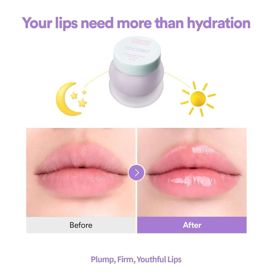 Mascarilla labial nocturna TOCOBO Purple Collagen aplicación sobre los labios.