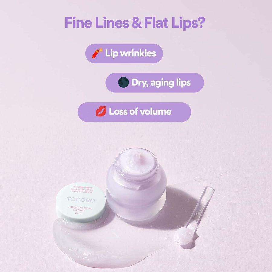 Mascarilla labial nocturna TOCOBO Purple Collagen aplicador junto al tarro.