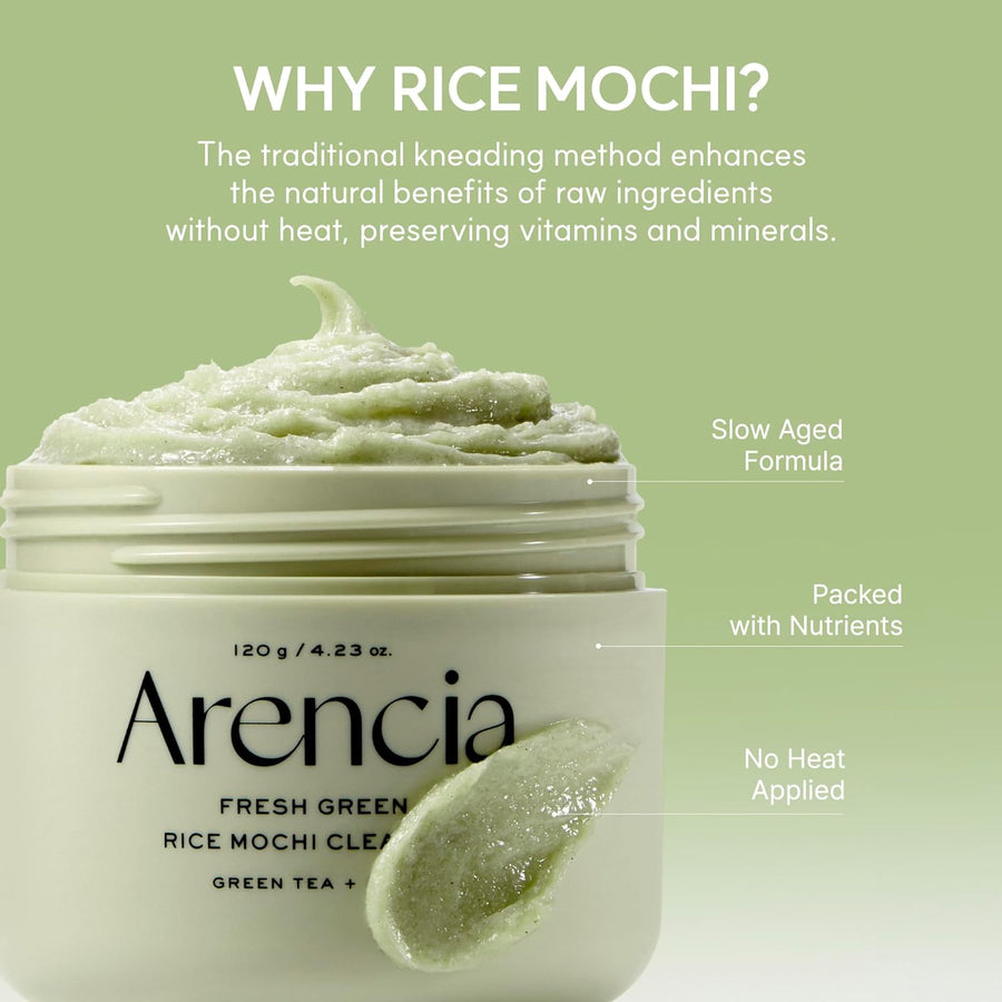 Fresh Green Rice Mochi Cleanser Arencia ingredientes de arroz y té verde.