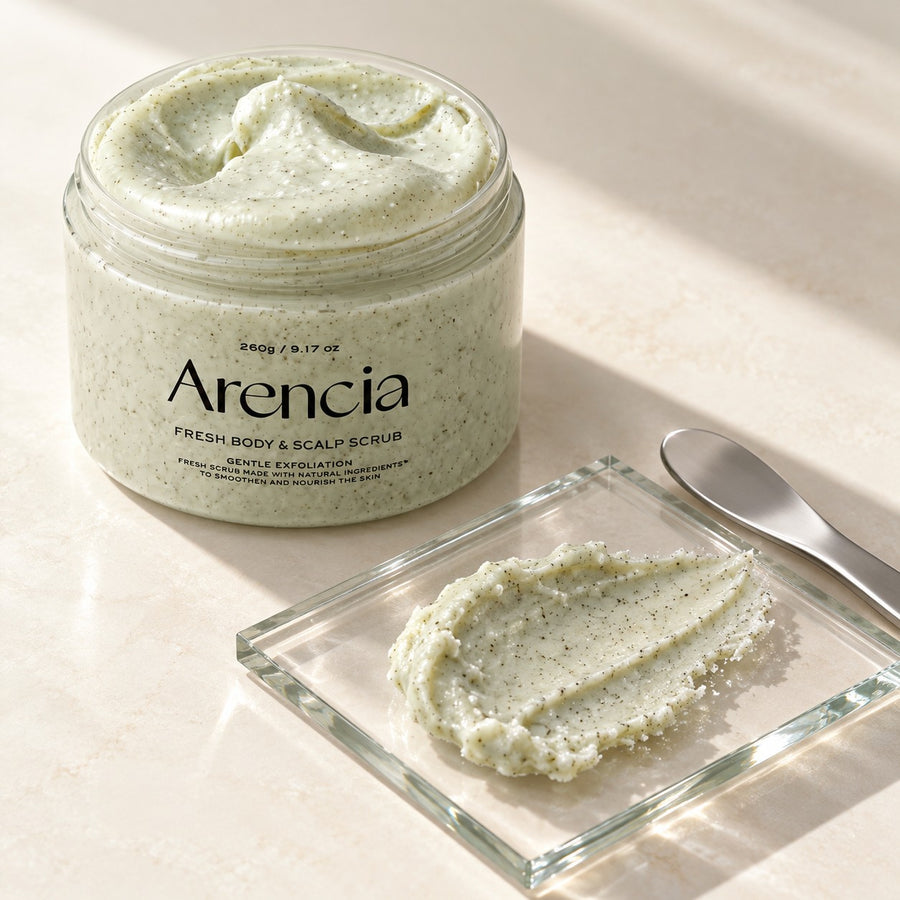 Exfoliante Arencia Fresh Geranio y Onagra 260 g, envase y textura del producto