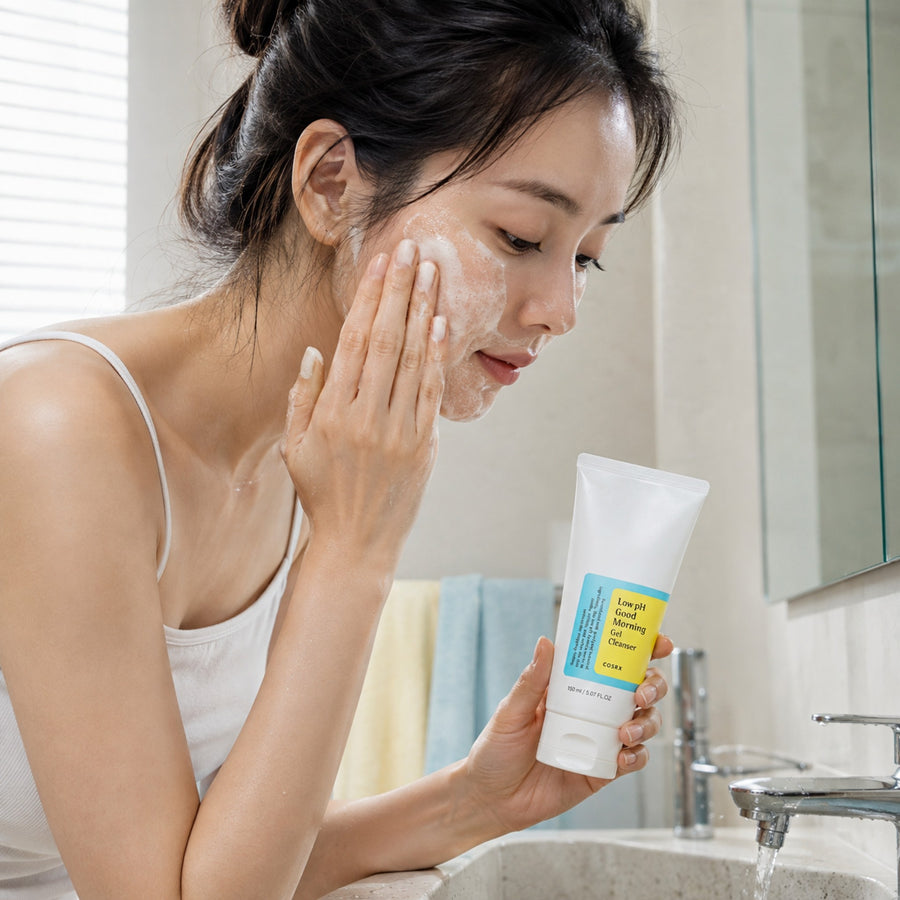 Mujer lavándose el rostro con el limpiador Low pH Good Morning del Kit Cuidado Diario COSRX