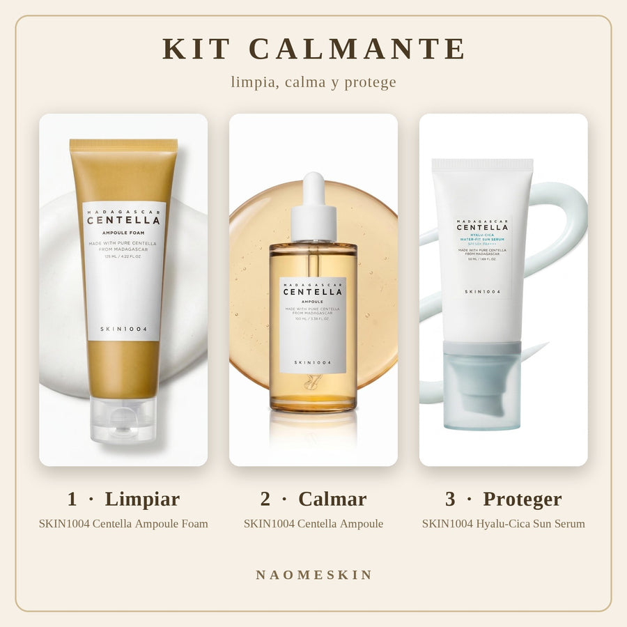 Kit Calmante SKIN1004 Centella con espuma limpiadora, ampolla y protector solar SPF50+ en tres pasos: limpiar, calmar y proteger