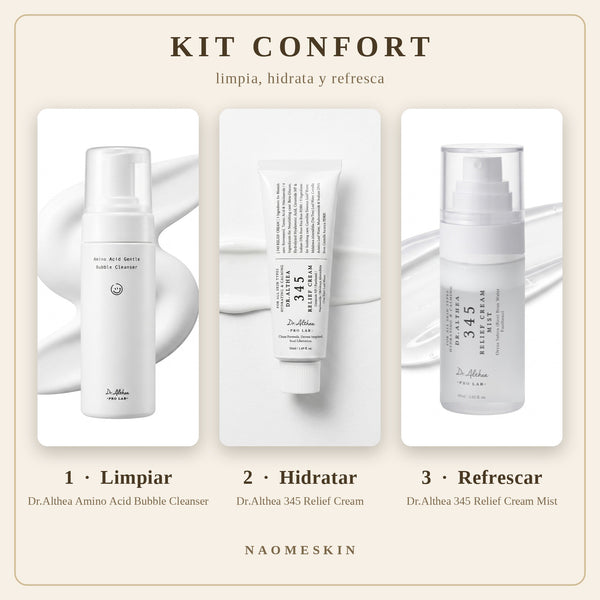 Kit Confort Dr.Althea con limpiador de aminoácidos, crema 345 Relief y bruma en tres pasos: limpiar, hidratar y refrescar