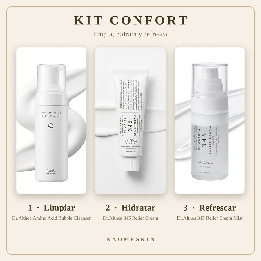 Kit Confort Dr.Althea con limpiador de aminoácidos, crema 345 Relief y bruma en tres pasos: limpiar, hidratar y refrescar