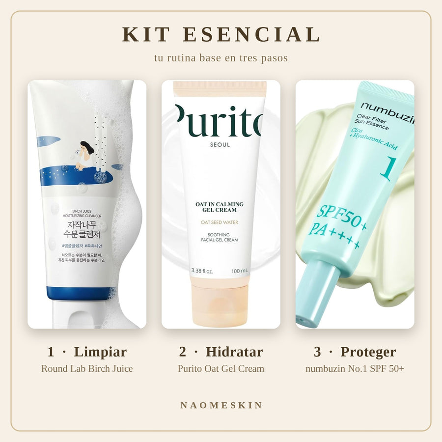 Kit Esencial 3 pasos de NaomeSkin: limpiador Round Lab Birch Juice, gel crema Purito Oat y protector solar numbuzin No.1 SPF50+