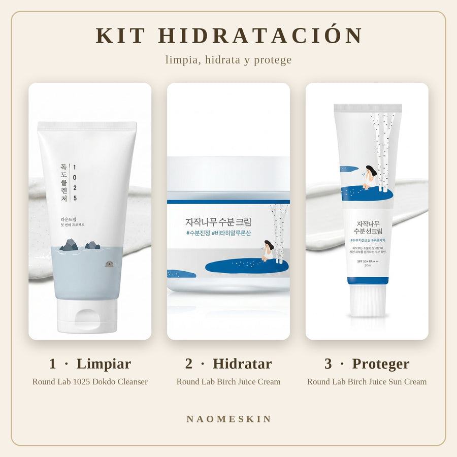 Kit Hidratación Round Lab con limpiador Dokdo, crema Birch Juice y protector solar SPF50+ en tres pasos: limpiar, hidratar y proteger