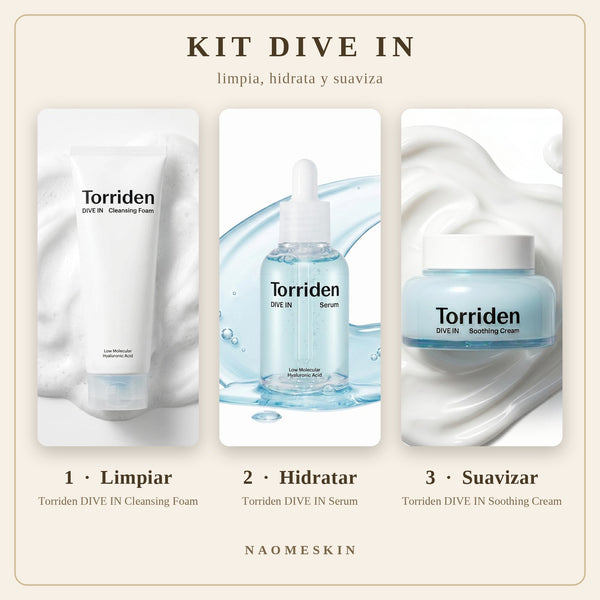 Kit Hidratación Torriden DIVE IN con espuma limpiadora, sérum y crema de ácido hialurónico en tres pasos