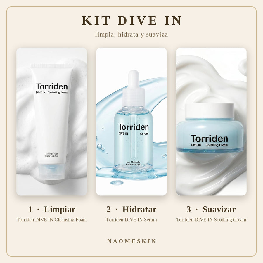 Kit Hidratación Torriden DIVE IN con espuma limpiadora, sérum y crema de ácido hialurónico en tres pasos