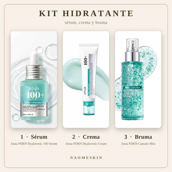Kit Hidratante Anua PDRN con sérum, crema y bruma de ácido hialurónico para una rutina de hidratación en tres pasos