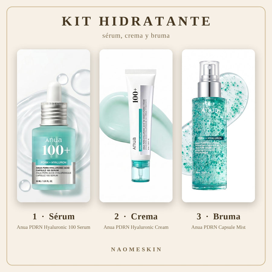 Kit Hidratante Anua PDRN con sérum, crema y bruma de ácido hialurónico para una rutina de hidratación en tres pasos