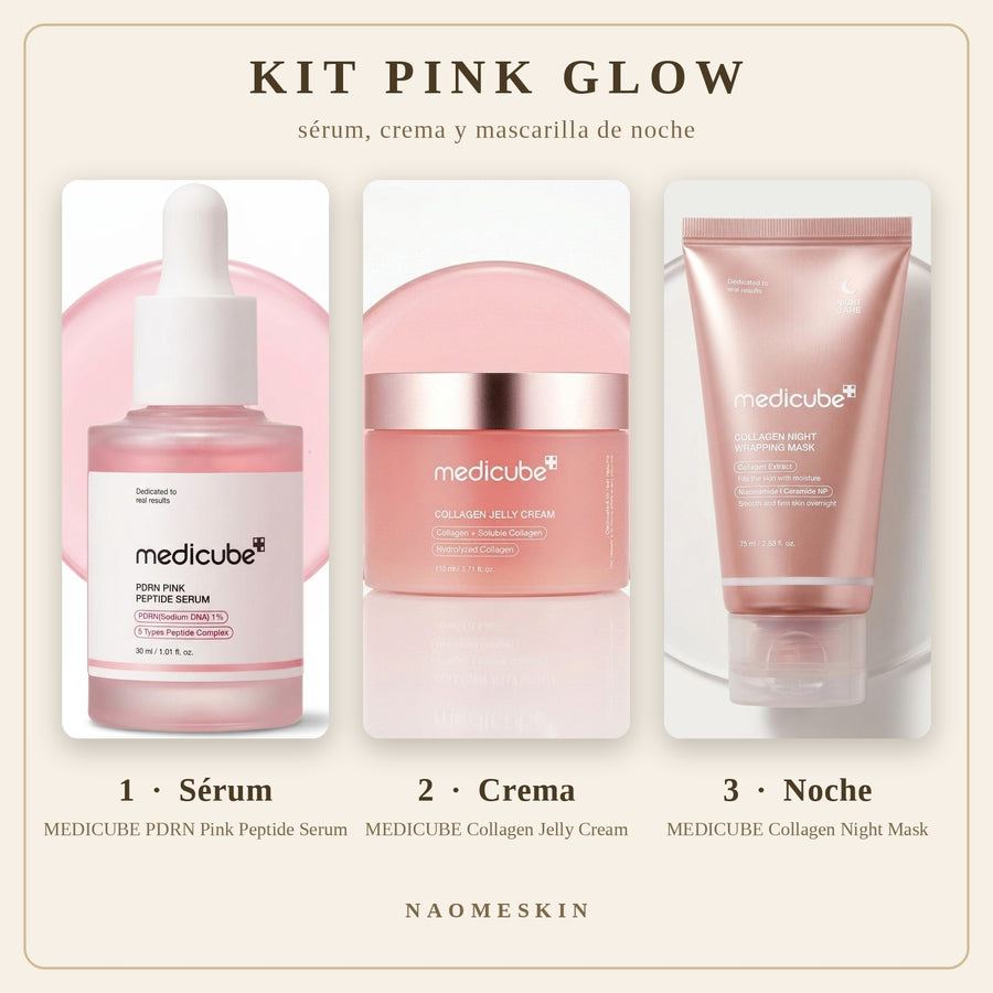 Kit Pink Glow MEDICUBE con sérum de PDRN, crema de colágeno y mascarilla de noche en tres pasos